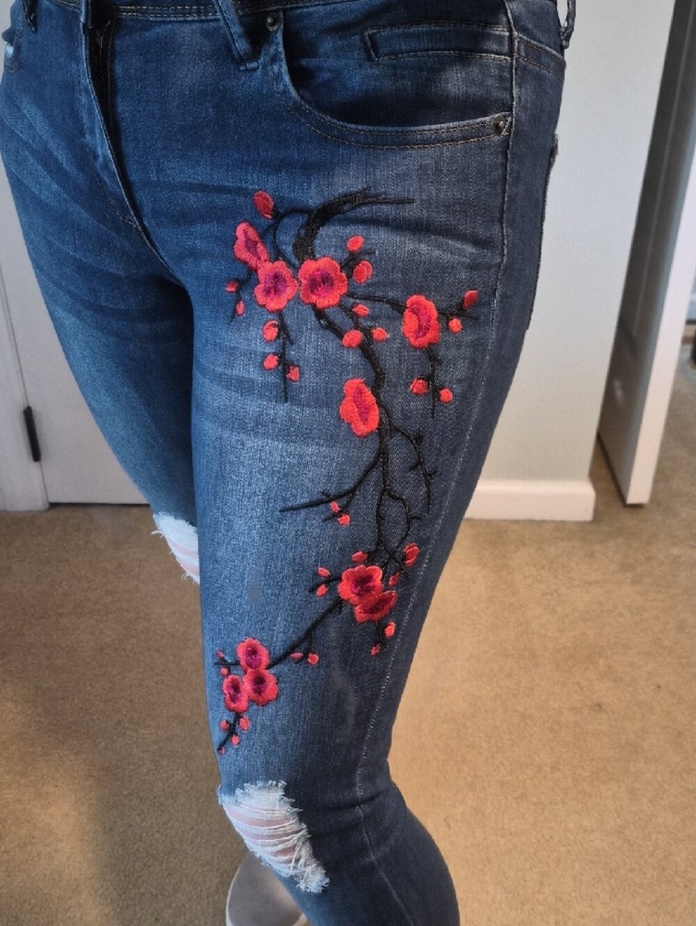 Tractr Dark Blue Skinny Jeans with Red Floral Embroidery